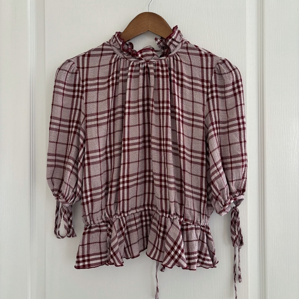 Anthropologie The East Order Pink Plaid Tie Back Ruffle Blouse XS